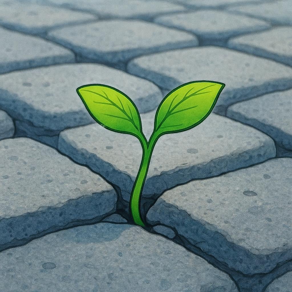 A determined small green sprout pushing upward through a thick layer of brown cobblestone and dirt, symbolizing enduring force and resistance.
