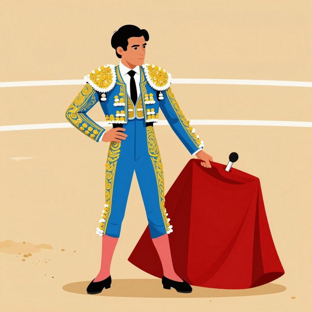 金色の装飾が施された伝統的なスーツを着て、大きな赤い布を振っている人。