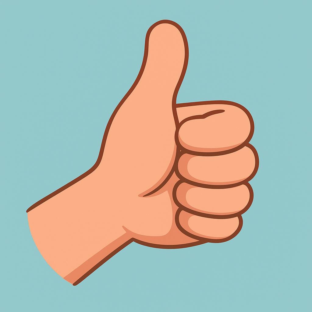 A simple cartoon illustration of a single hand giving a thumbs up sign, representing a physical gesture.