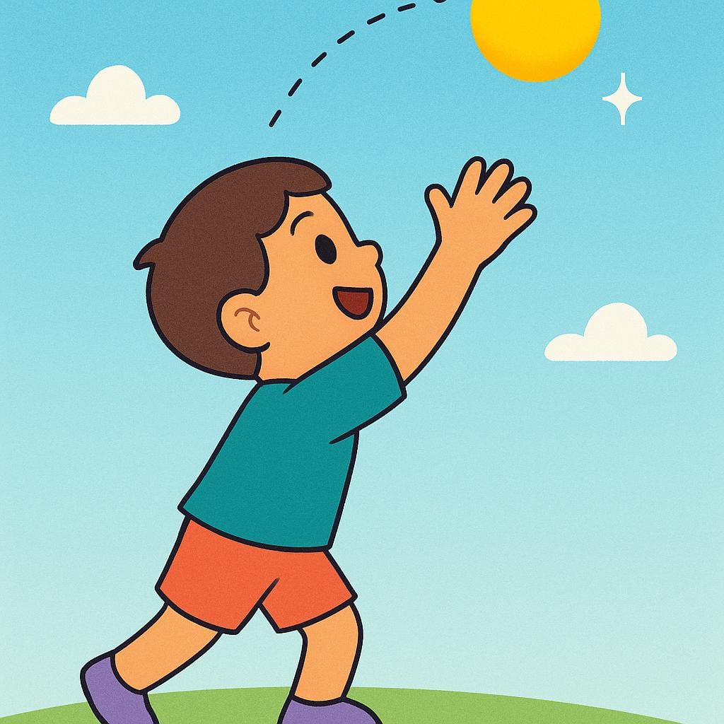 A child enthusiastically throwing a bright blue ball high into the air against a simple background.