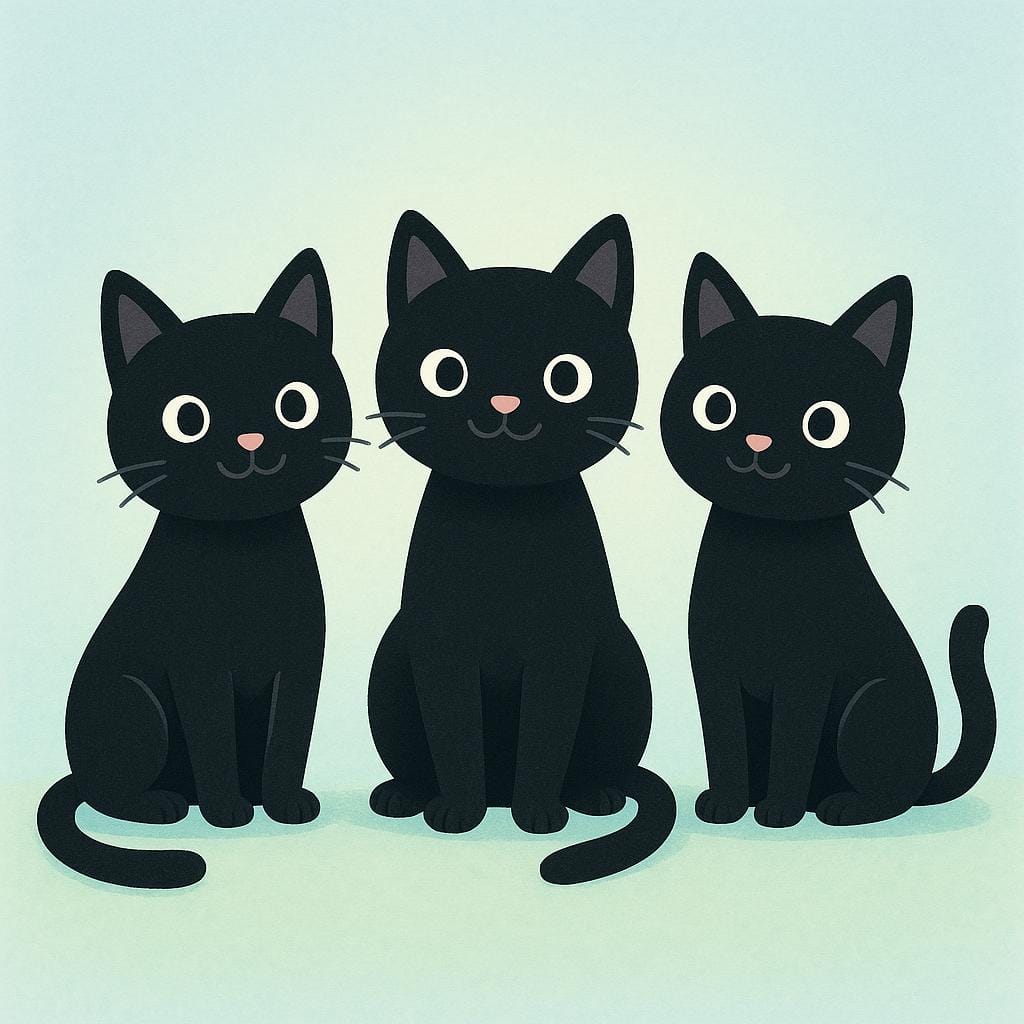 Three simple, stylized black cats sitting side-by-side on a bright, colorful background.