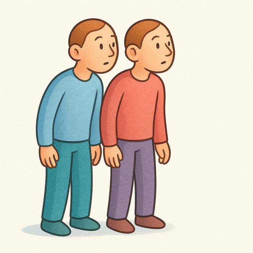 A simple illustration showing two cartoon-like figures standing close together, both tilting their heads slightly as if concentrating on a shared sound, illustrating the concept 'we hear'.