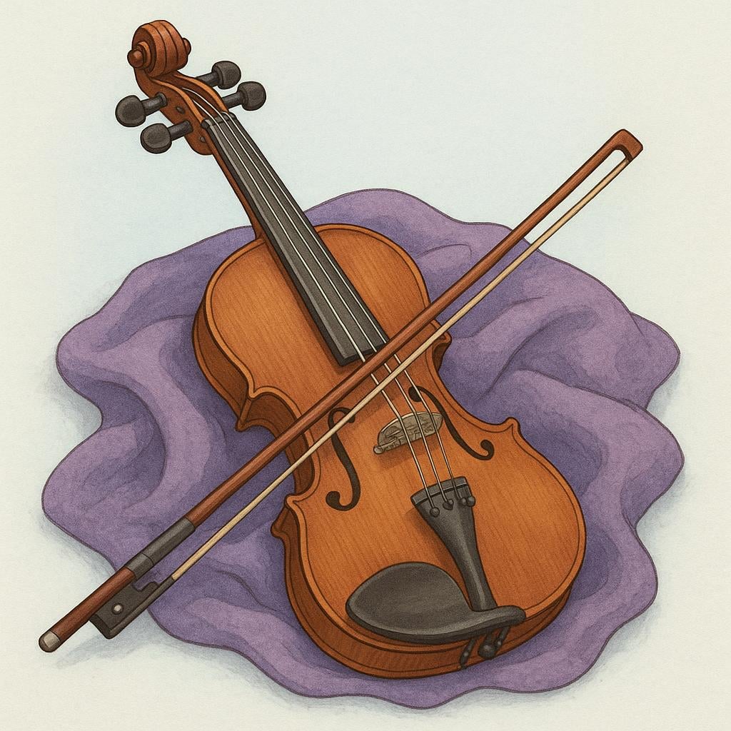 A simple, detailed illustration of a brown wooden violin and its bow resting on a soft surface.