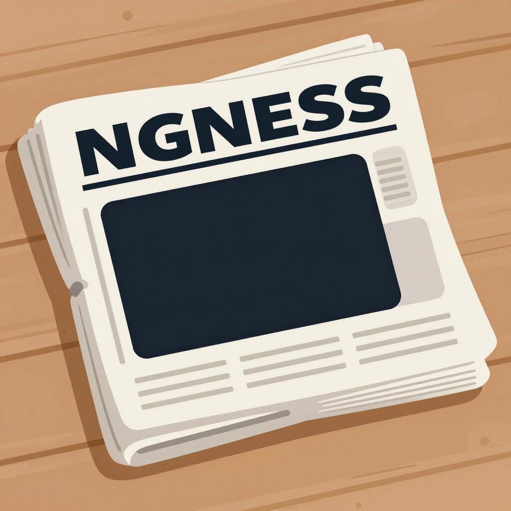A stack of newspapers on a wooden table with a large blank space at the top representing a main story.