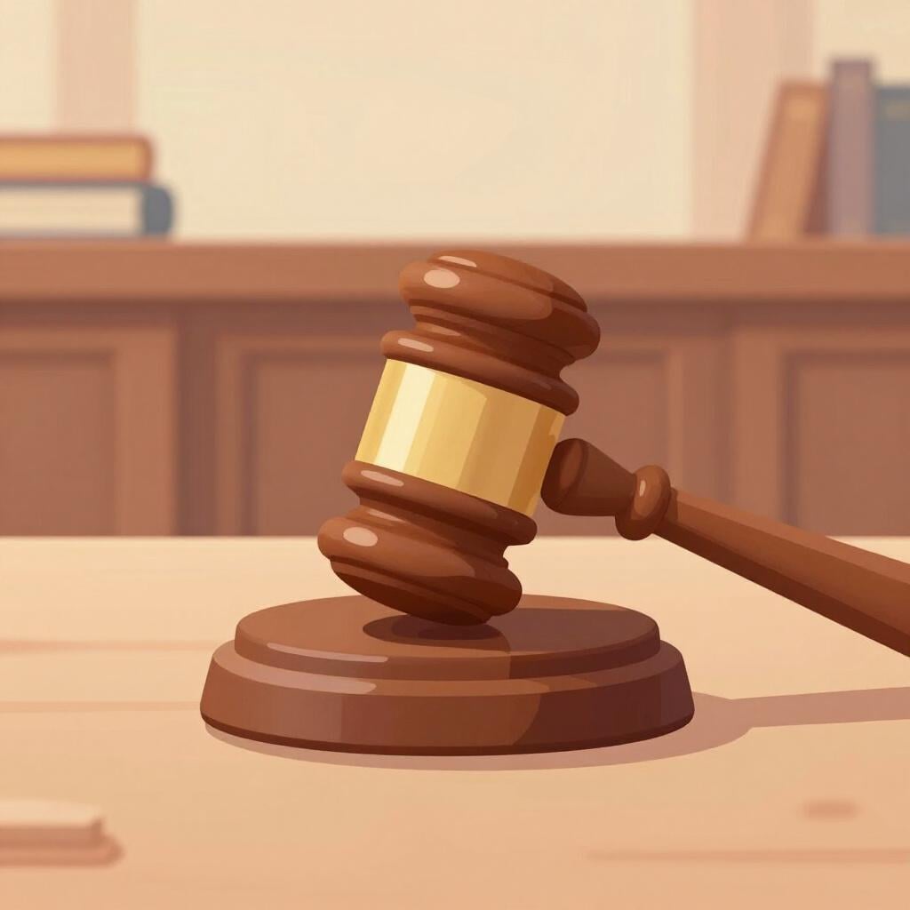 A wooden judge's gavel resting on a sound block in a courtroom setting.