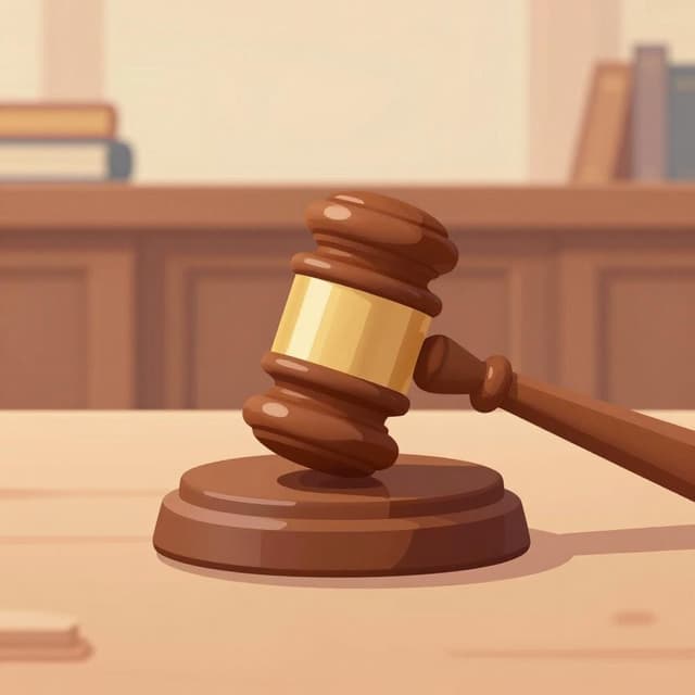 A wooden judge's gavel resting on a sound block in a courtroom setting.