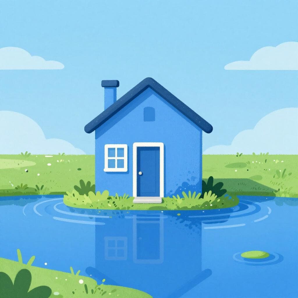 Une petite maison bleue entourée d'eau qui couvre la rue et la moitié inférieure de la porte d'entrée.