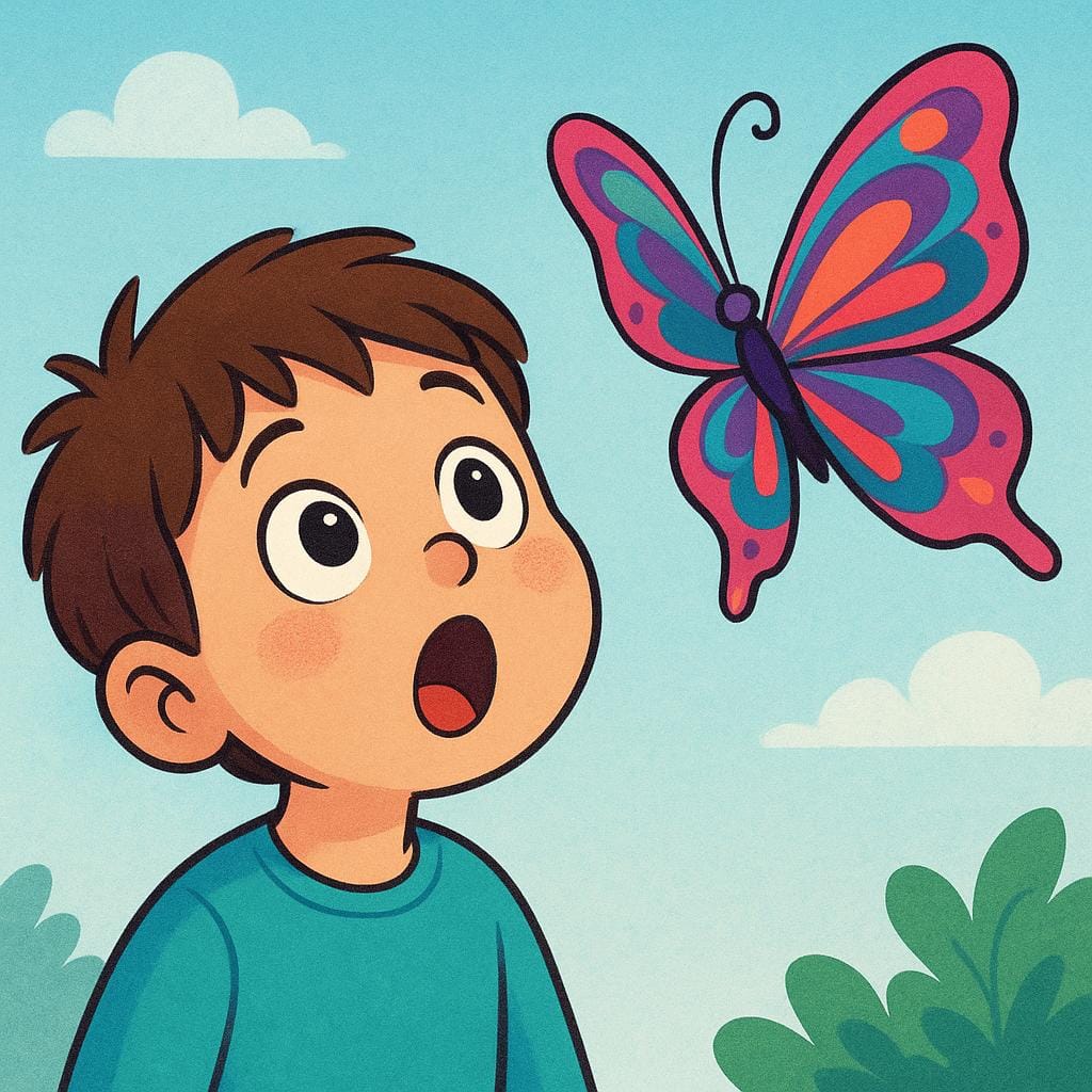 A child looking up with wide eyes and an open mouth, expressing intense surprise and admiration at a large, brightly colored butterfly flying nearby.
