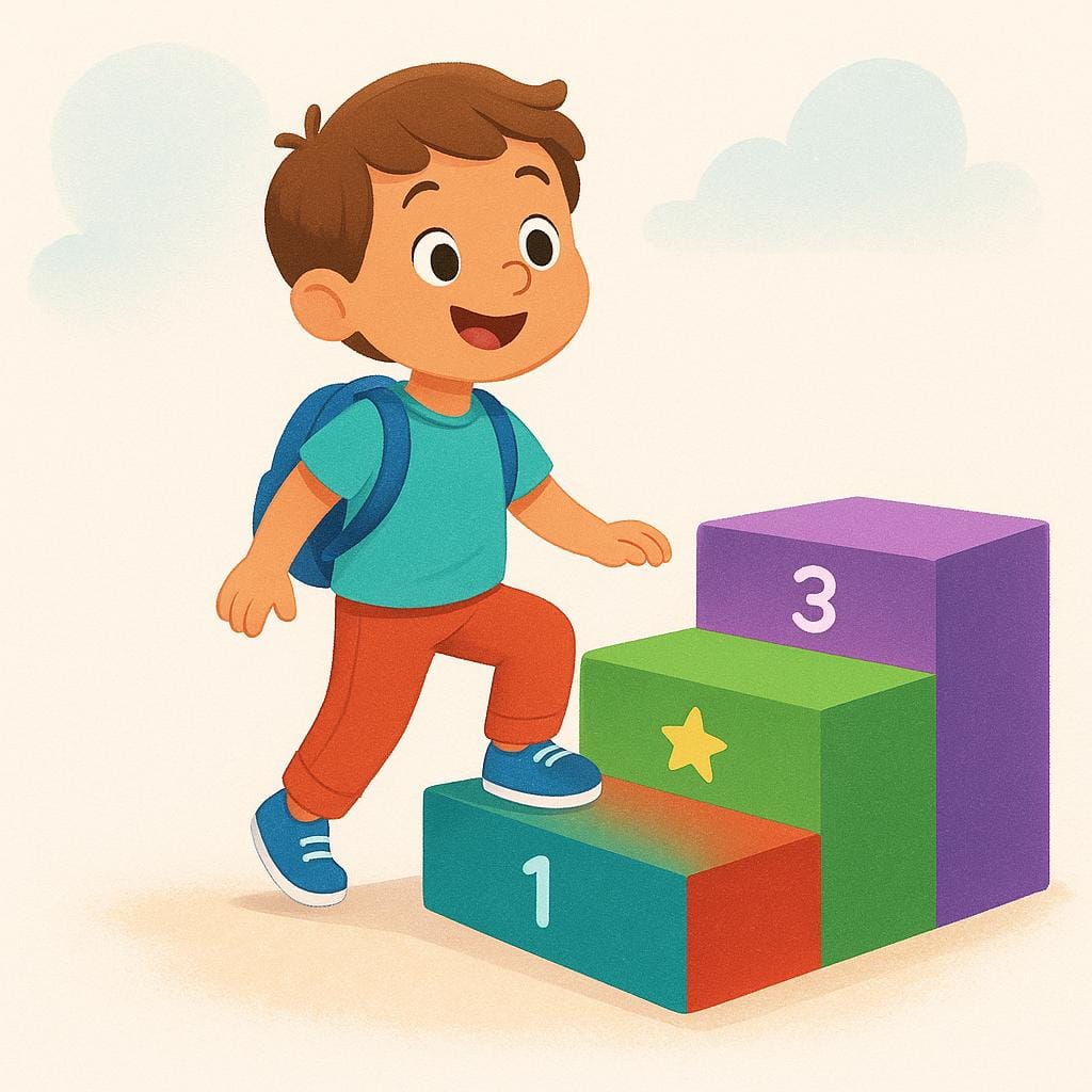 A small, cheerful child stepping onto the second step of a small, brightly colored staircase.