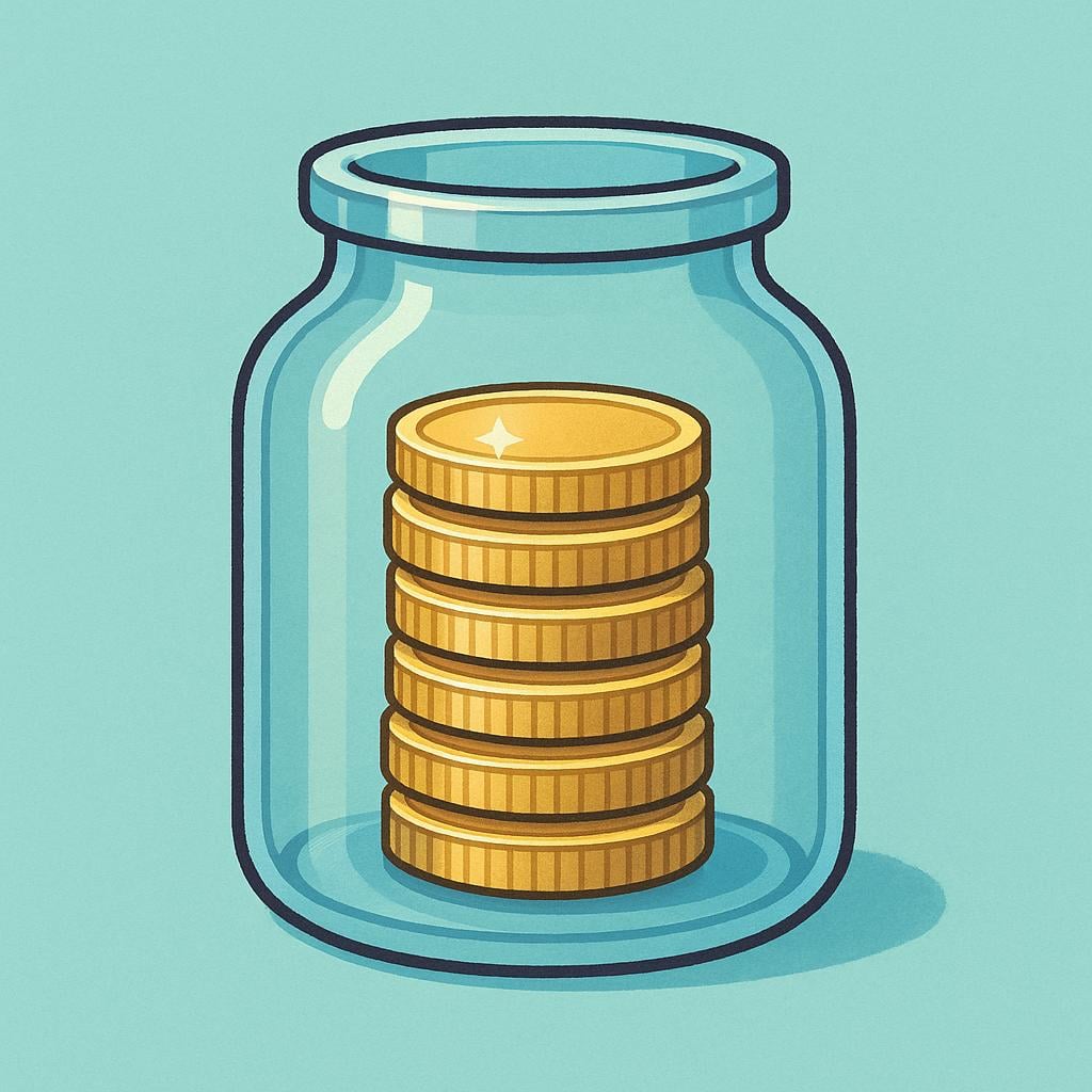A small, transparent glass jar holding a neat stack of five shiny gold coins, representing the net amount remaining after deductions.