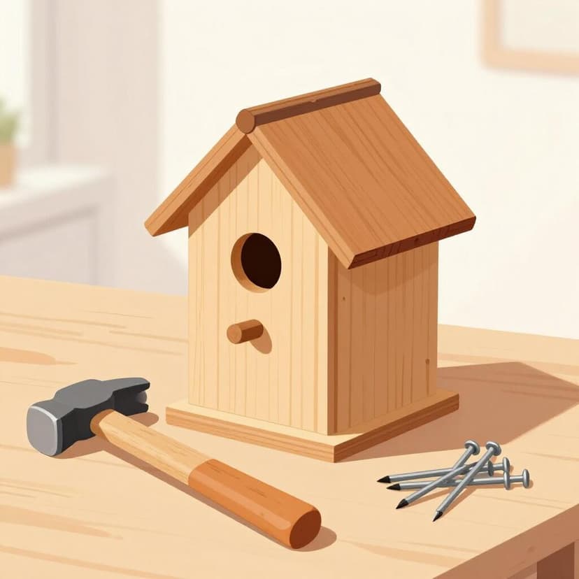 作業台の上で、近くにハンマーと釘がある状態で、木製の鳥小屋が作られている。