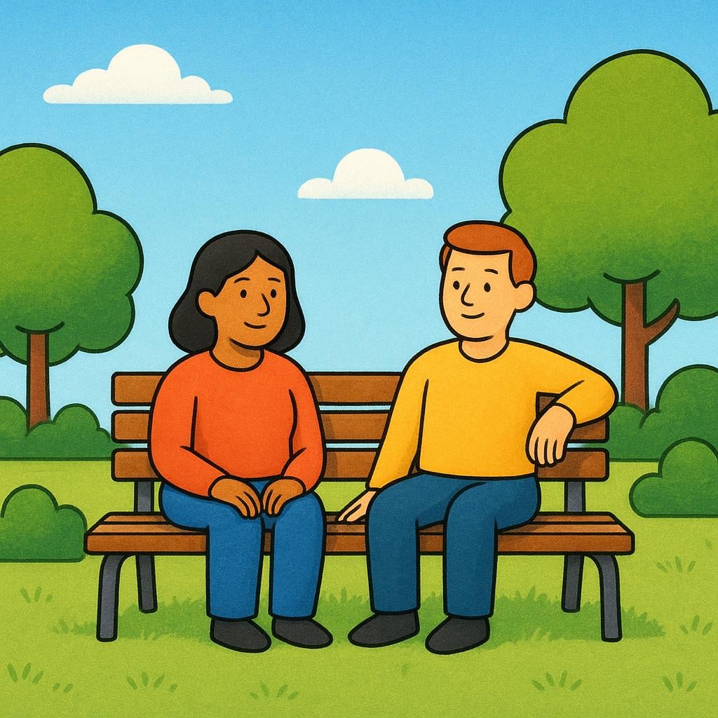 A simple wooden park bench with two people already seated upon it, indicating that the seats are currently taken.