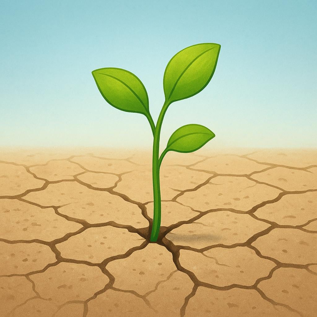 A close-up illustration of a small, bright green sapling successfully growing out of a deep crack in dry, brown, cracked earth, symbolizing resilience and continued existence.