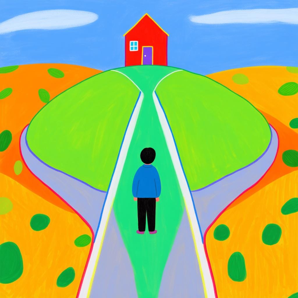 A person standing at a junction where three different colored paths diverge, all leading toward the same small, brightly colored house in the distance, illustrating different 'ways' or 'manners' of achieving a goal.