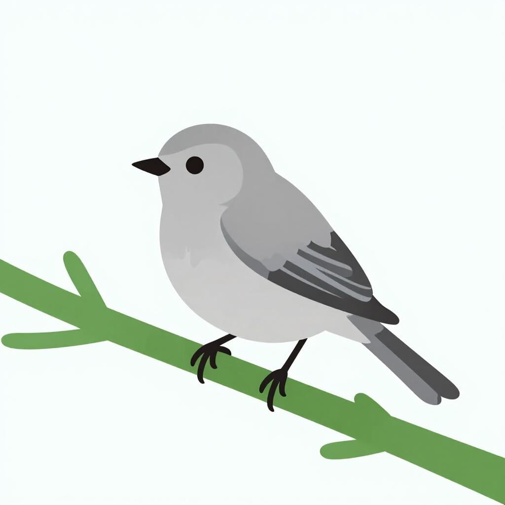 A small, simple grey bird sitting quietly among a few plain green leaves.