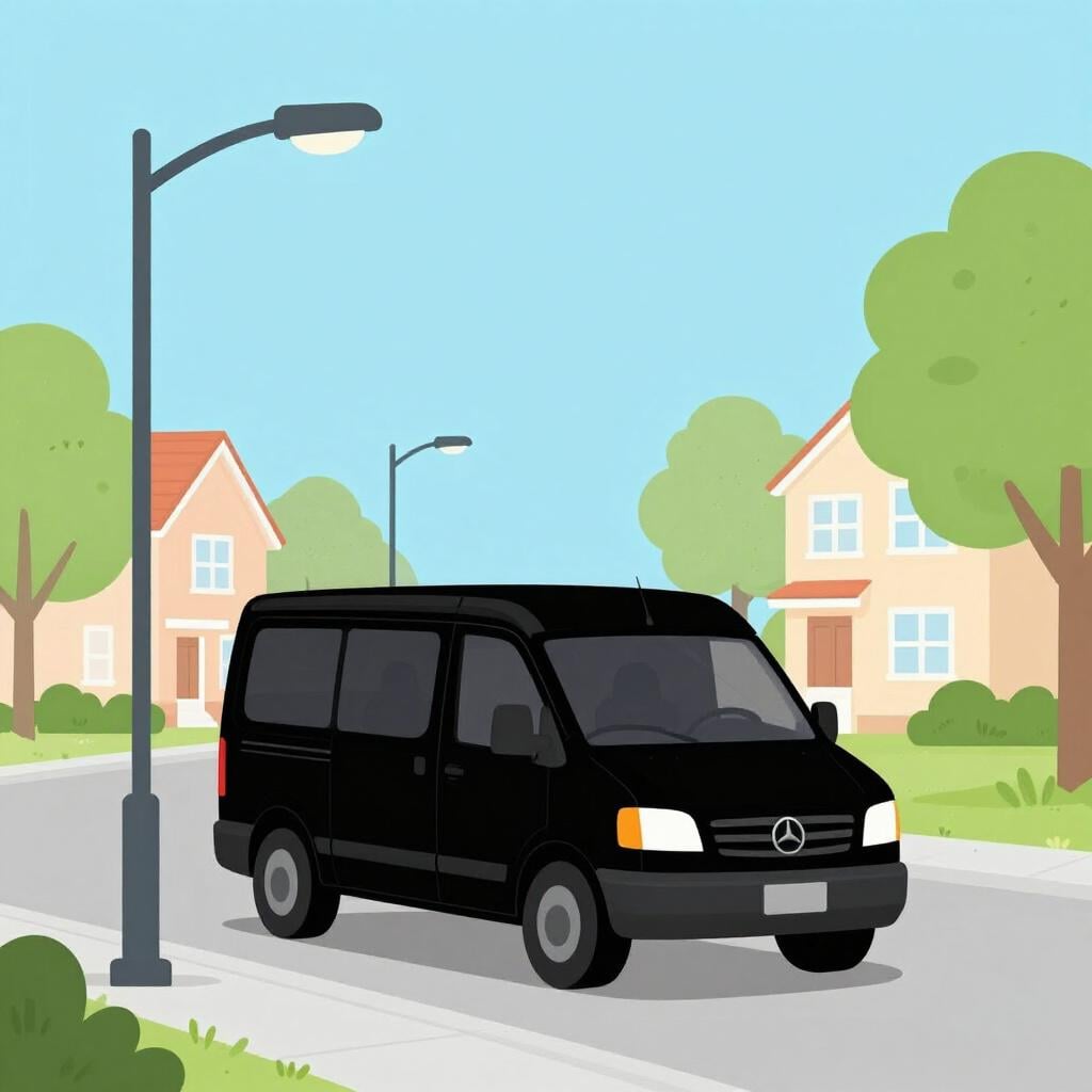 Ein verdächtiger schwarzer Van mit getönten Scheiben, der in einer ruhigen Straßenecke parkt.