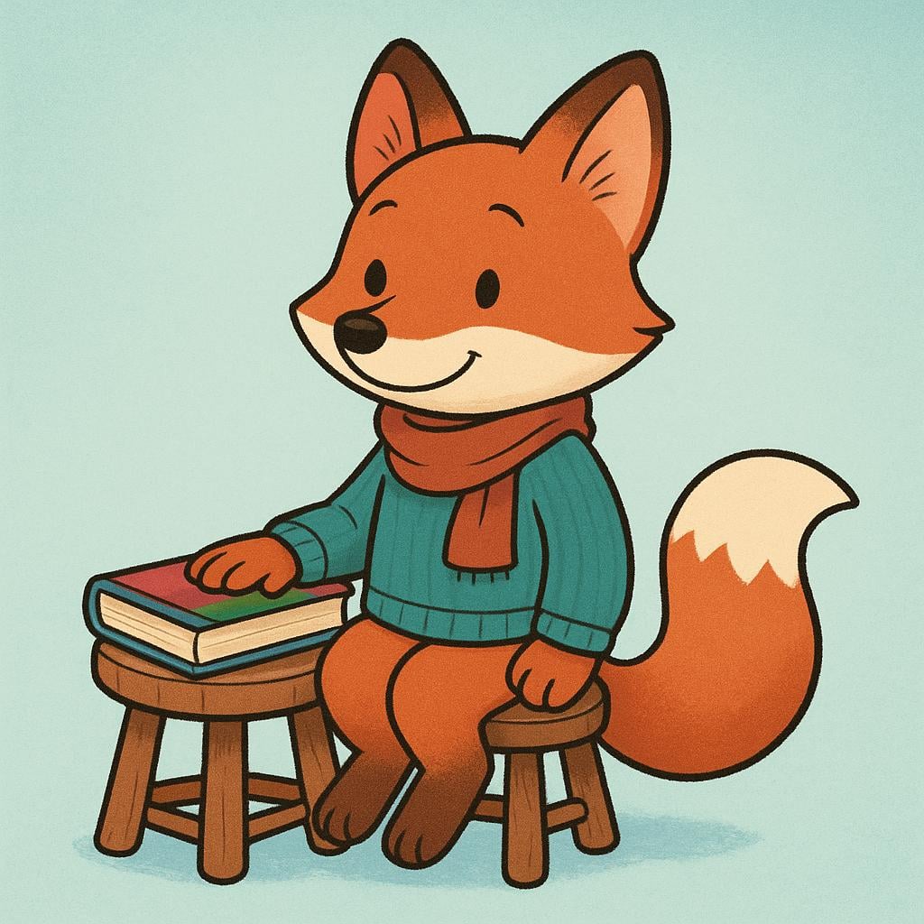 A friendly anthropomorphic fox character sitting on a wooden stool, gently resting their hand on a colorful closed book beside them, indicating the story has just been finished.