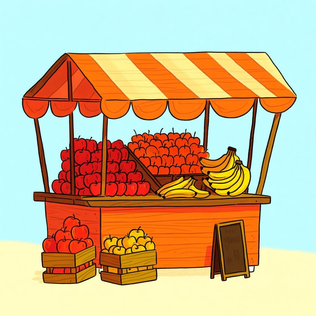 A colorful market stall overflowing with fresh fruits and vegetables under a striped awning.
