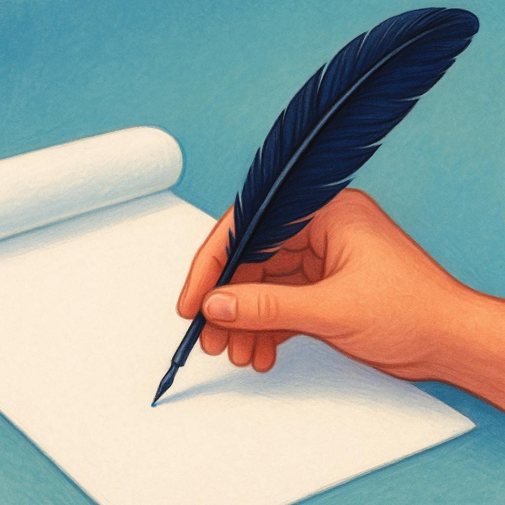 A person's hand holding a feather quill poised just above a blank scroll, ready to write the very first word.