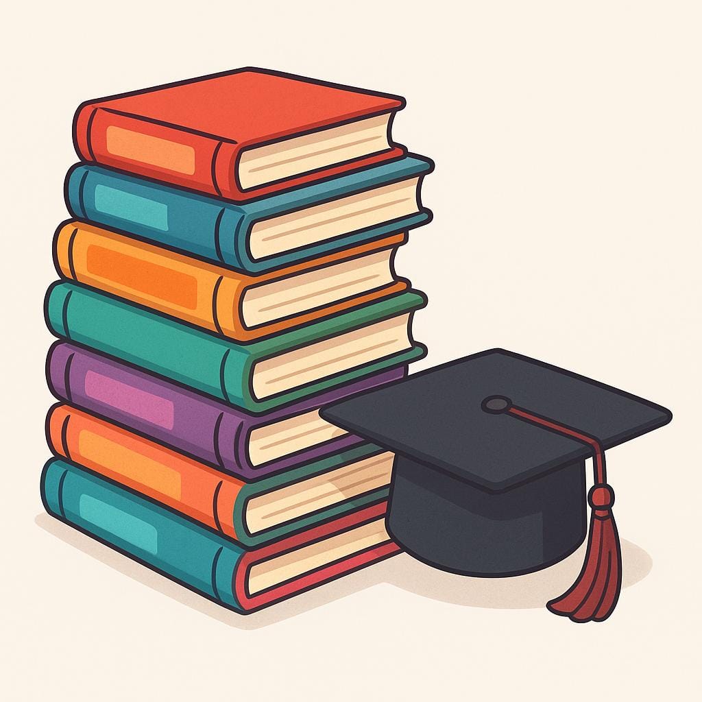 A tall stack of colorful academic textbooks sitting next to a black graduation cap (mortarboard), symbolizing university education.