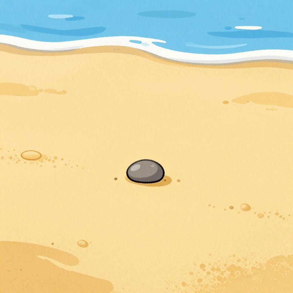Ein winziger einzelner Kieselstein, der allein an einem riesigen leeren Strand liegt.