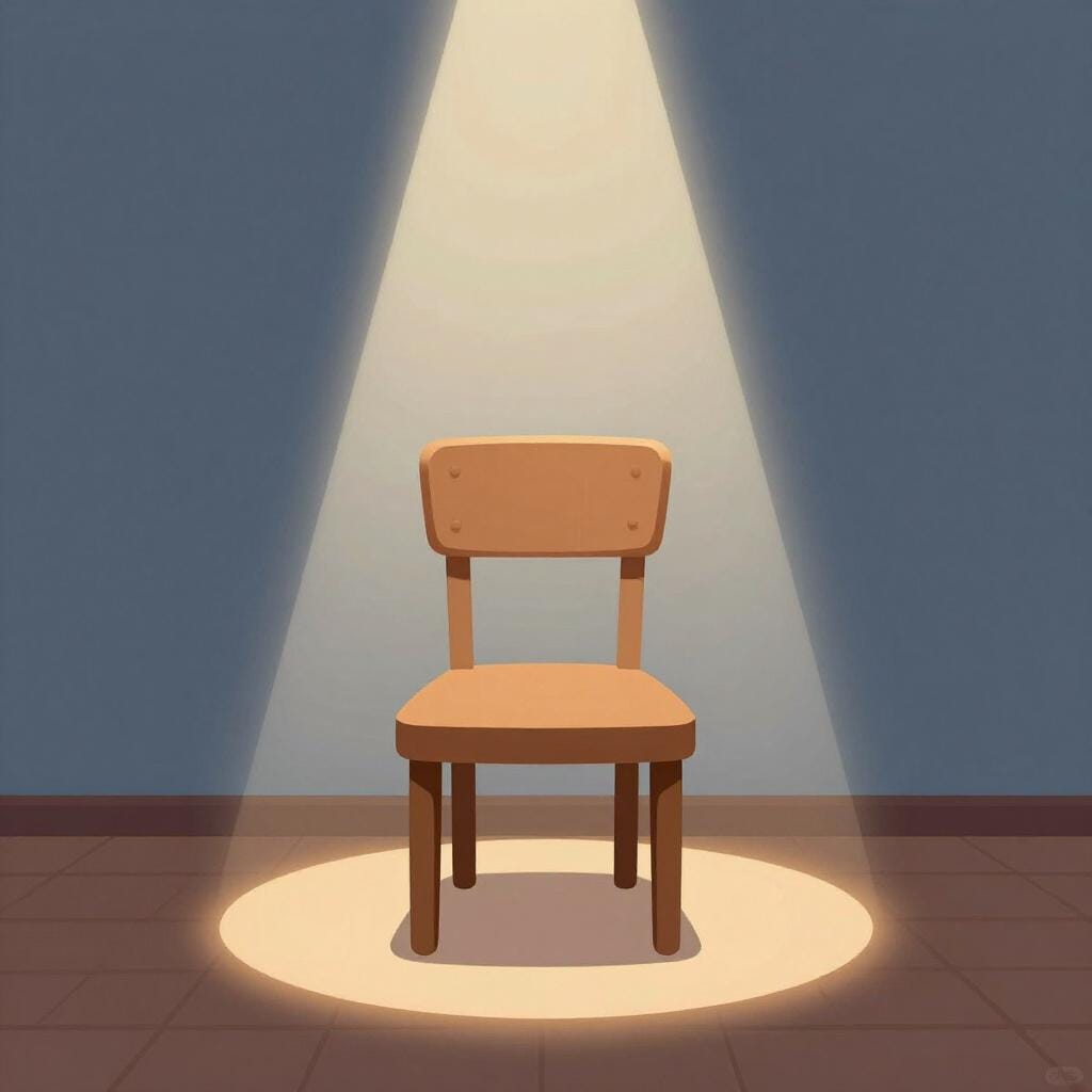 Ein leerer Holzstuhl unter einem Scheinwerfer in einem dunklen Raum.