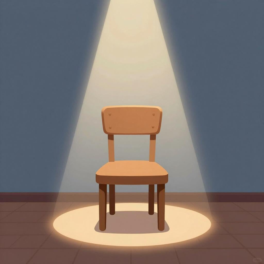 暗い部屋のスポットライトの下にある空の木製椅子。