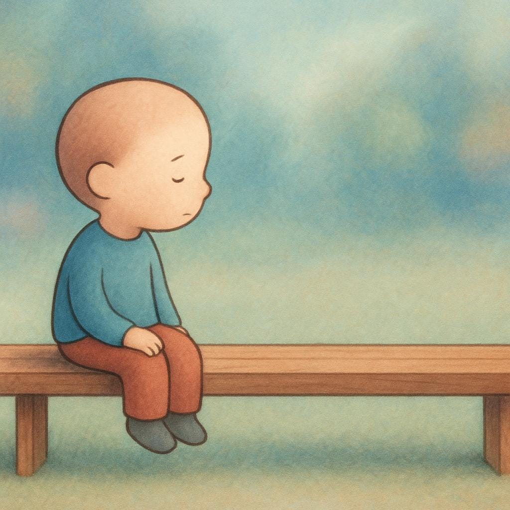 Een stripfiguur die alleen op een grote bank zit en droevig en verlangend kijkt naar de lege ruimte naast zich.