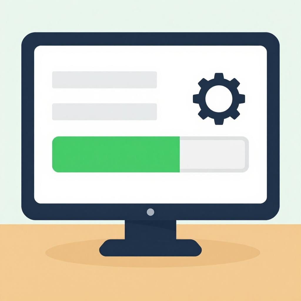 Een computerscherm met een voortgangsbalk die zich vult naast een klein icoontje van een moersleutel en een tandwiel.