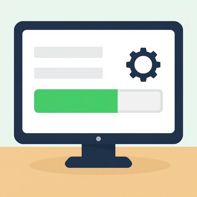A computer screen showing a progress bar filling up next to a small icon of a wrench and a gear.