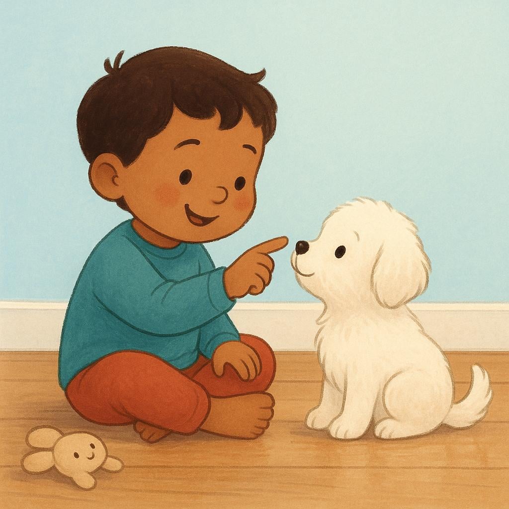 A young girl sitting on the floor with a small, fluffy dog, pointing at the dog with affection, symbolizing the act of naming a pet.