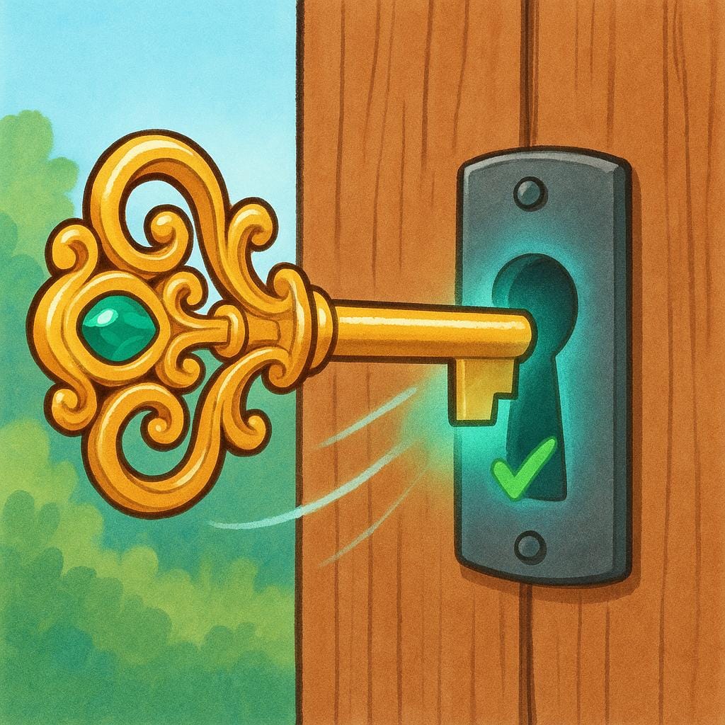 A large golden key turning in the lock of a simple wooden gate, symbolizing permission being granted.