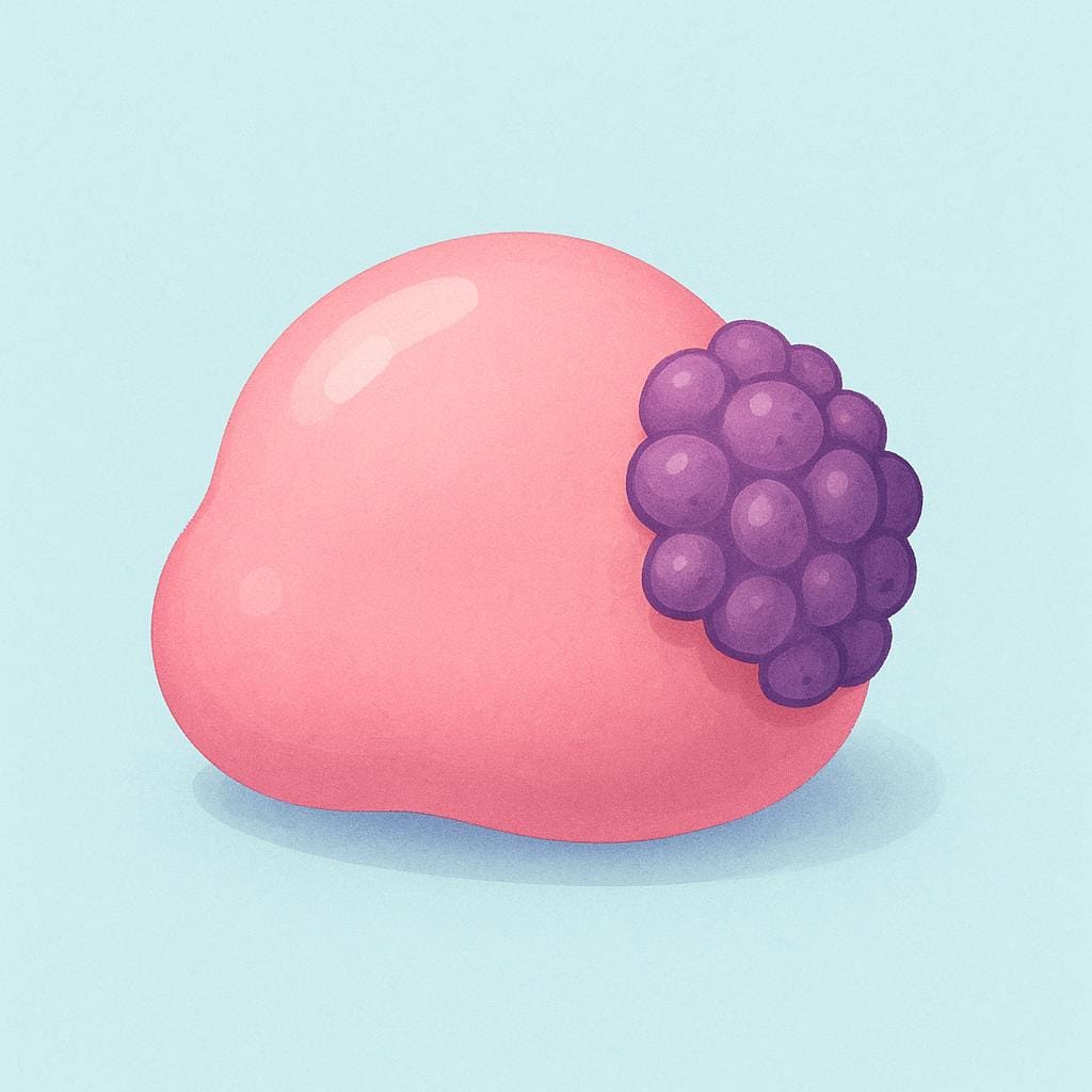 A stylized illustration of an abnormal biological growth, depicted as a smooth pink sphere with a cluster of small, bumpy purple nodes growing irregularly from its surface.