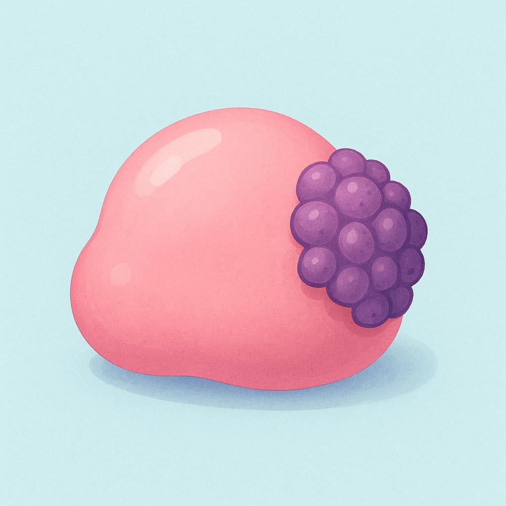A stylized illustration of an abnormal biological growth, depicted as a smooth pink sphere with a cluster of small, bumpy purple nodes growing irregularly from its surface.