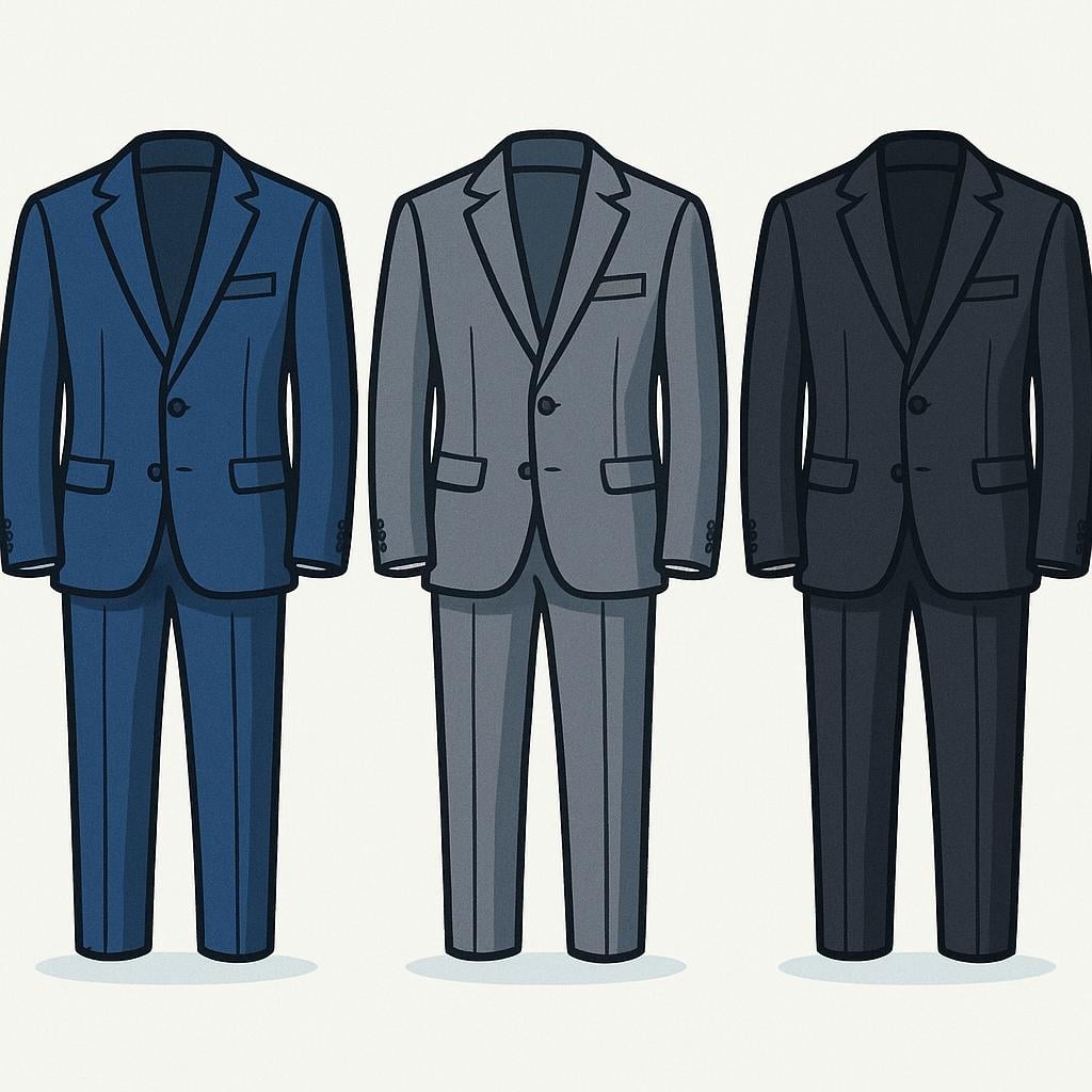 Three distinct, neatly tailored men's business suits—one navy, one gray, and one black—standing upright in a row, representing formal attire.