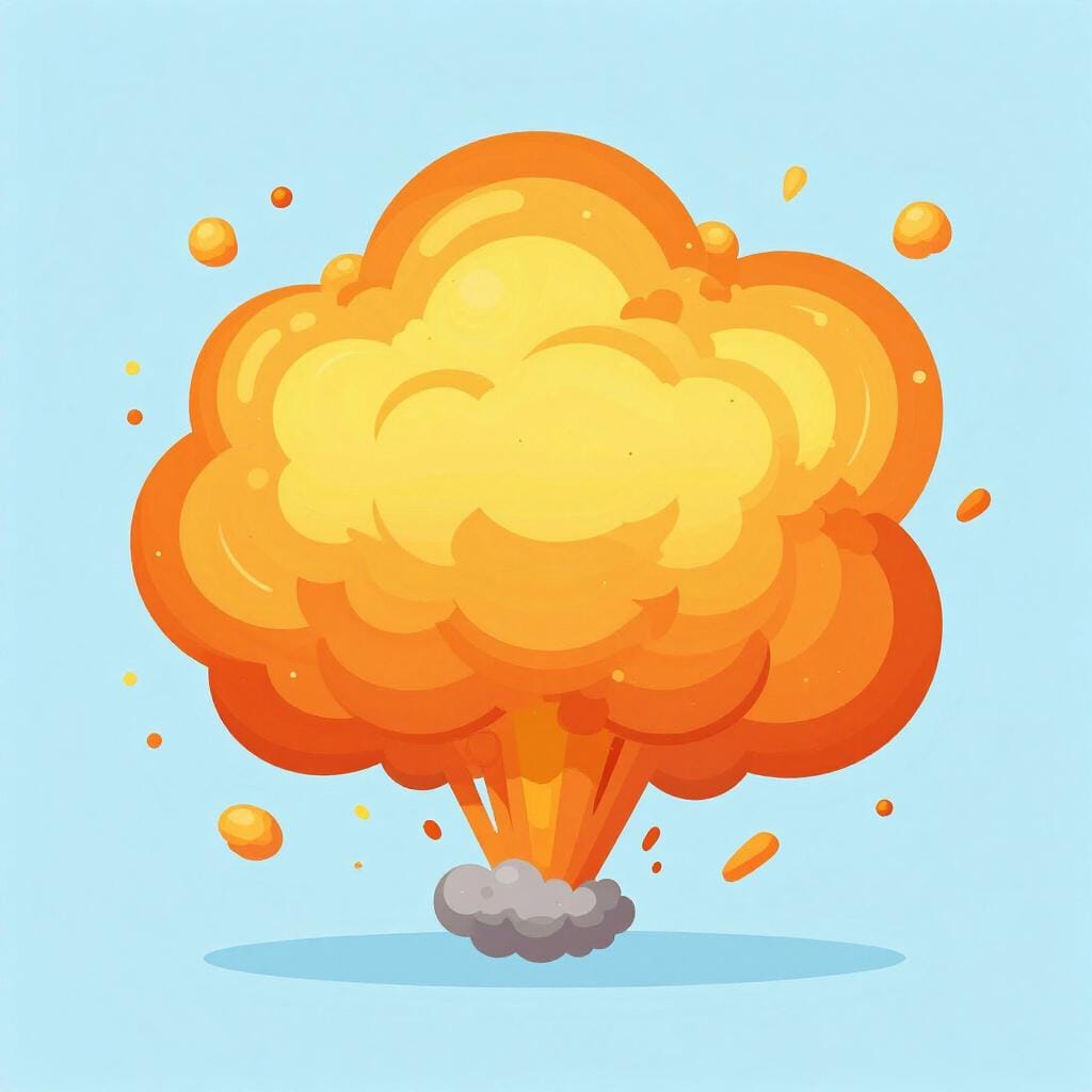 煙が大きく立ち込め、破片が散乱する、明るい爆発のカラフルなイラスト。