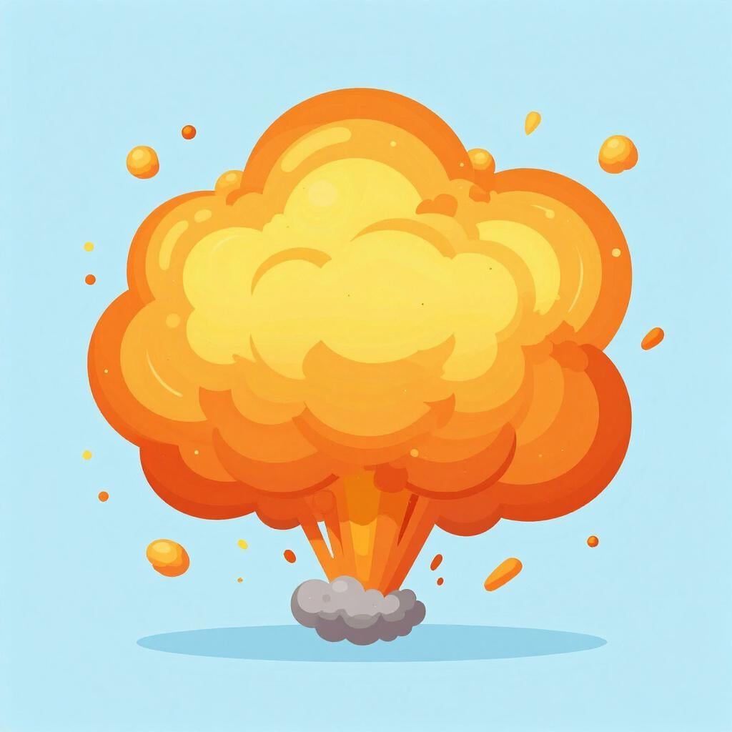 Een kleurrijke illustratie van een heldere explosie met een grote rookpluim en verspreid puin.