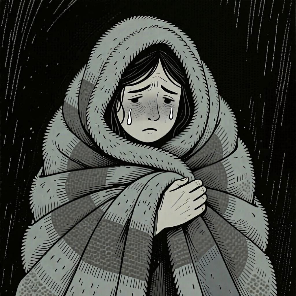 A person shivering and wrapped in a blanket, illustrating using 'tengo' for physical states like being cold.