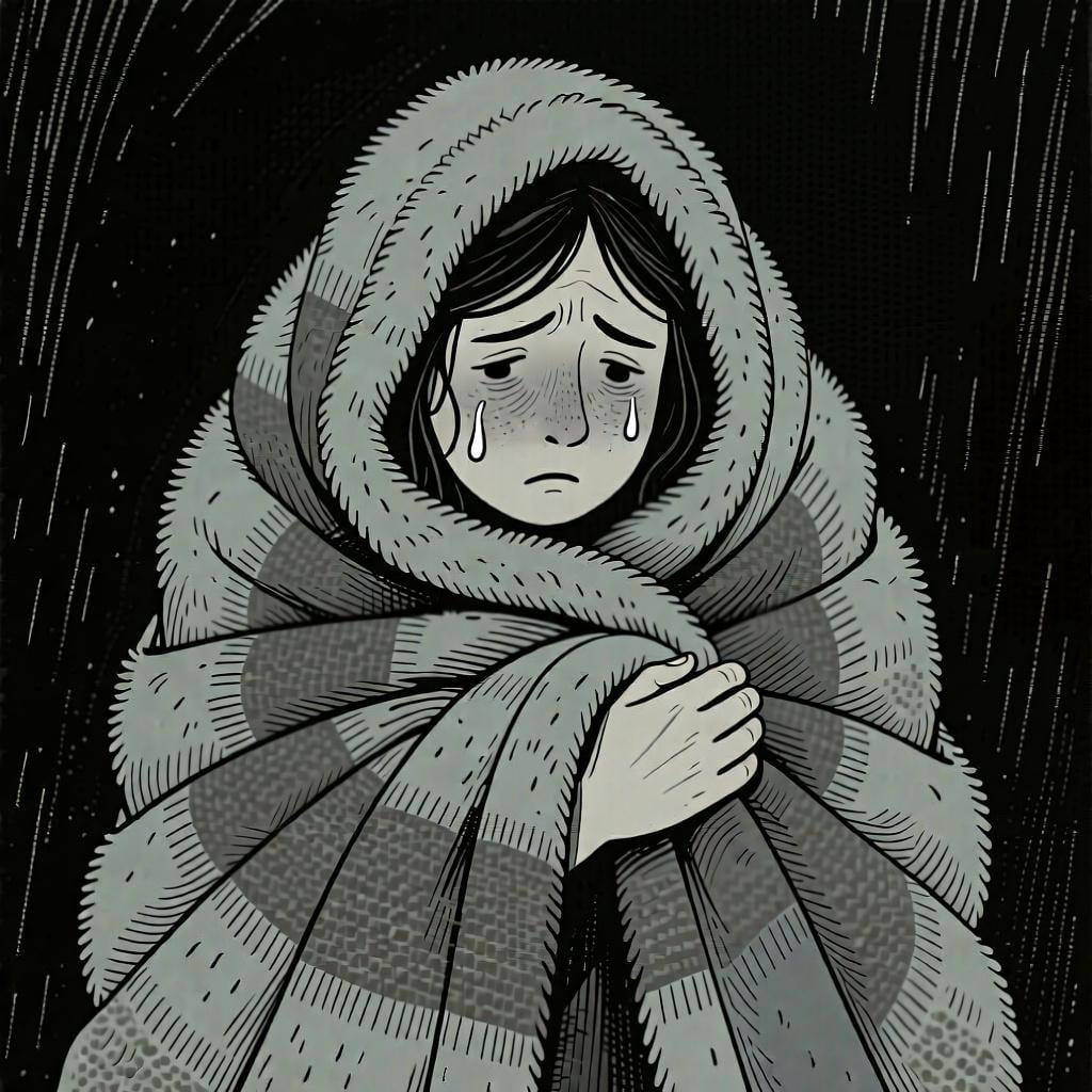 A person shivering and wrapped in a blanket, illustrating using 'tengo' for physical states like being cold.