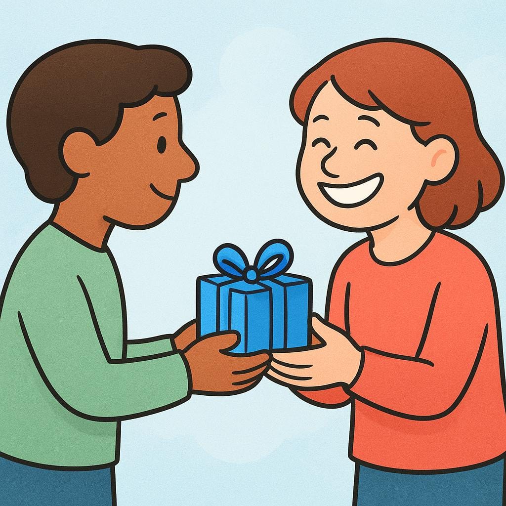 Uma mãe sorridente apresentando uma pequena caixa de presente azul ao filho, que parece encantado e satisfeito.