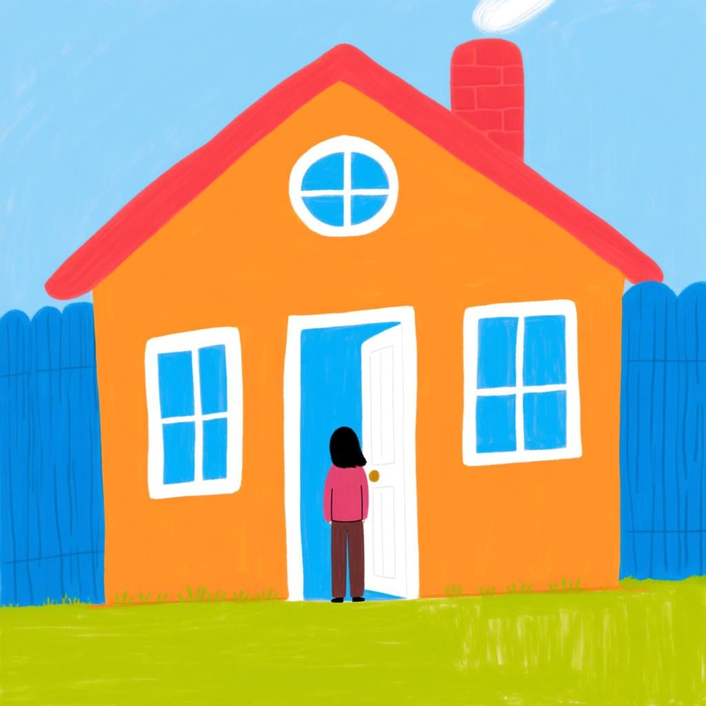 A person smiling and standing inside a small, cozy house, representing the act of residing.
