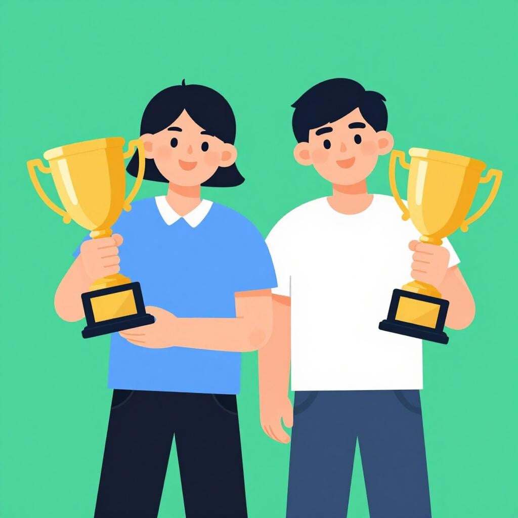 Two people standing side-by-side, both holding identical golden trophies to show they are equally matched.