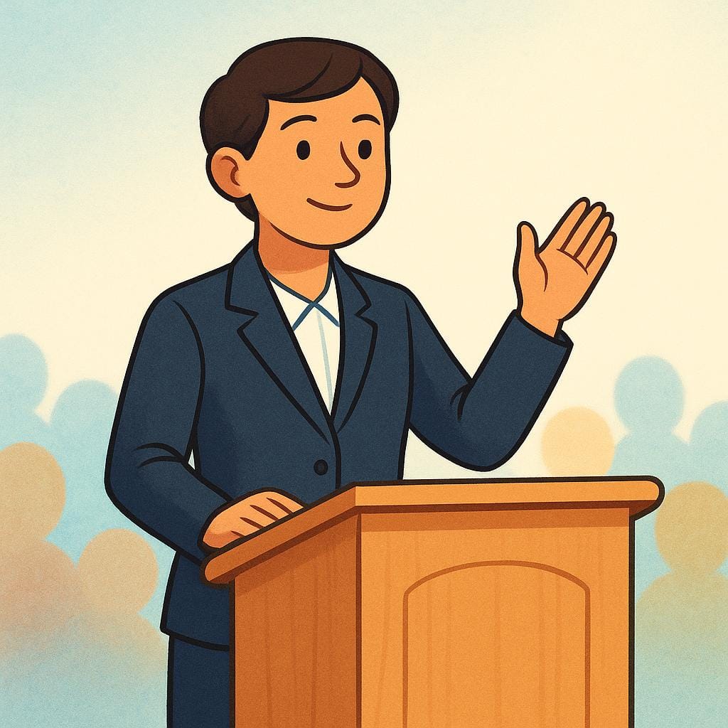 A storybook illustration of a confident person in a suit standing behind a podium, addressing people or giving a speech.