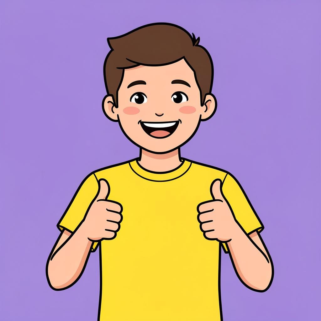 A happy character with a wide smile giving a double thumbs-up gesture.