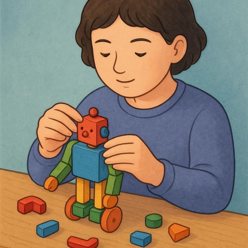 Eine Person sitzt an einem Tisch und baut konzentriert ein kleines, buntes Holzrobotermodell zusammen. Die Person ist dabei, das letzte Teil an das Spielzeug anzubringen.