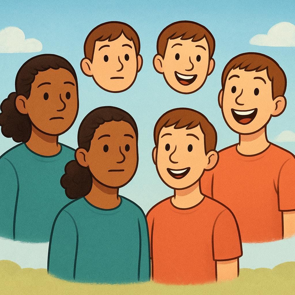 A simple illustration showing two figures whose facial expressions are changing from mildly sad to broadly smiling, indicating a change in mood.