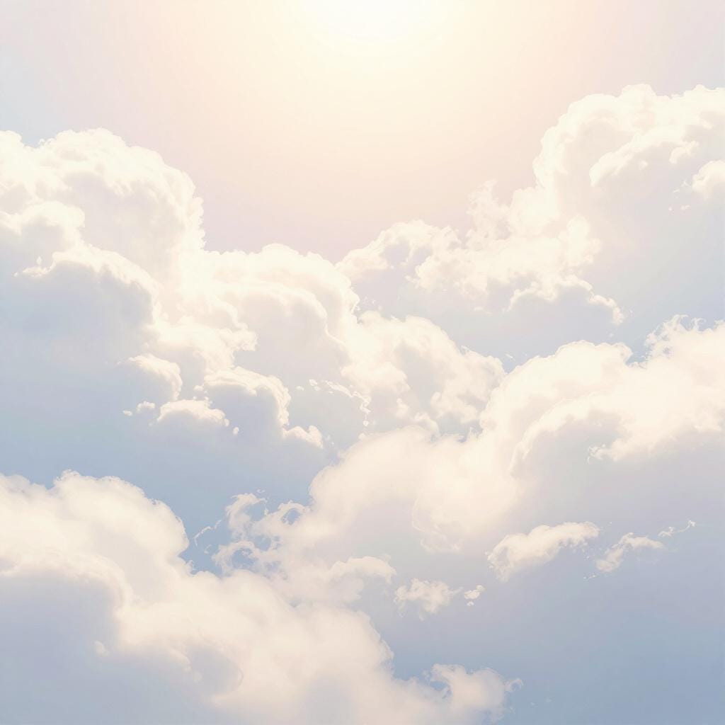 Een serene hemel gevuld met zachte, witte, pastelkleurige wolken en een stralend zacht licht, wat de hemel voorstelt.