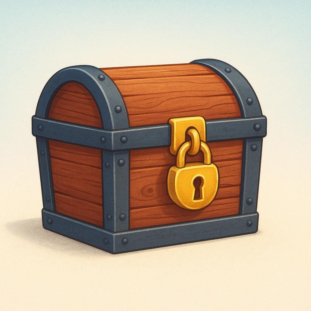 A closed, sturdy wooden treasure chest secured with a large, shiny brass lock, symbolizing safekeeping.