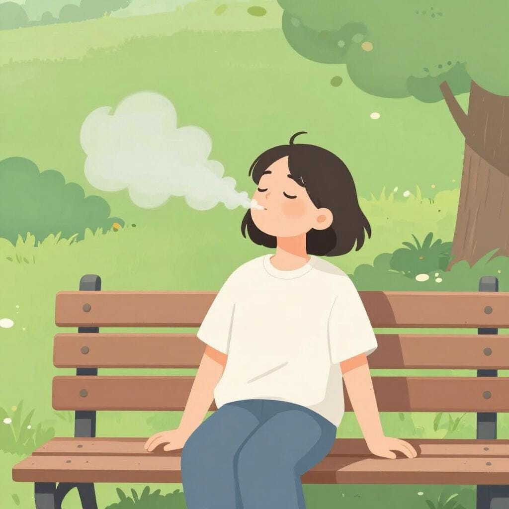 A person sitting on a park bench, exhaling a visible soft puff of air with their eyes closed in relief.