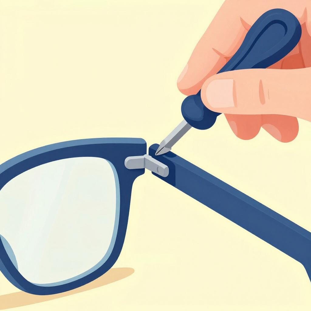 A hand using a small screwdriver to turn a tiny screw on a pair of glasses.